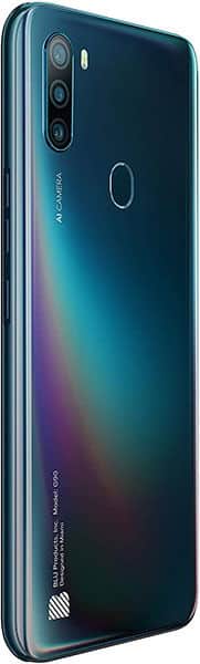 BLU G90 smartphone, rear view, showing triple camera array and gradient teal-to-purple finish