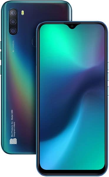 BLU G90 smartphone shown from front and back, featuring a teal-to-blue gradient rear and a waterdrop notch display with cyan wallpaper