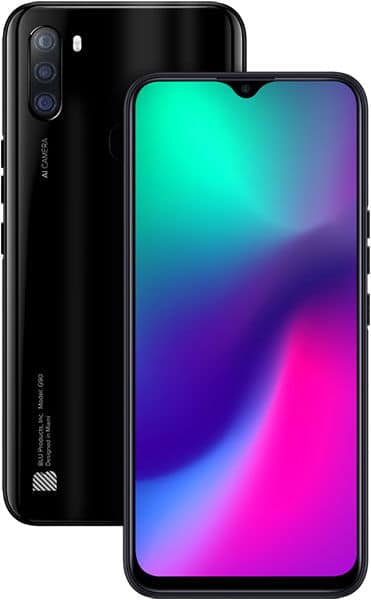 BLU G90 smartphone shown from front and rear, featuring triple rear camera and gradient cyan-to-pink display