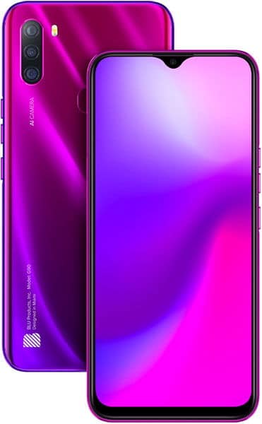 BLU G90 front and rear view showing purple-to-magenta gradient design with triple rear camera and notch display
