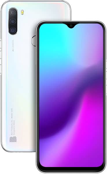 BLU G90 front and rear views, white phone with triple rear camera and gradient cyan-to-magenta display