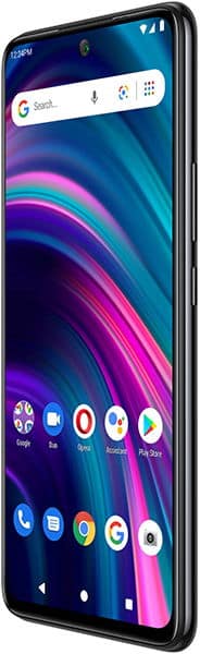 BLU G91 Pro smartphone displayed front-on with blue and pink gradient wallpaper, Google Search bar visible, and app icons on home screen