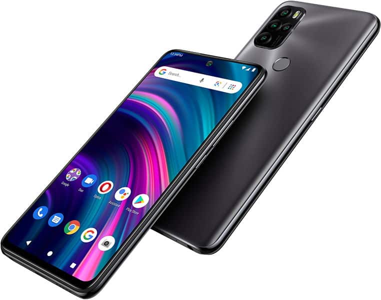BLU G91 Pro smartphone shown from front and rear angles, displaying colorful wallpaper and home screen icons on its screen