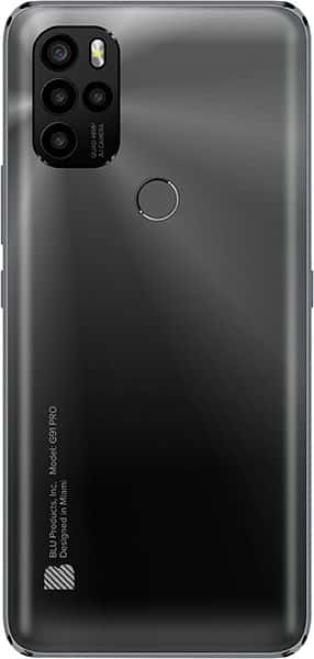 BLU G91 Pro rear view, showing dark gray back with quad camera module and fingerprint sensor