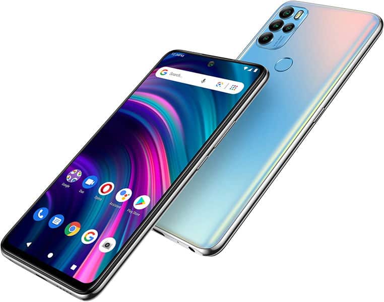 BLU G91 Pro front and rear views showing display with colorful gradient wallpaper and quad camera setup in blue finish