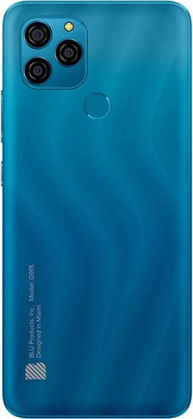 BLU G91s rear view, teal finish with triple camera setup and fingerprint sensor
