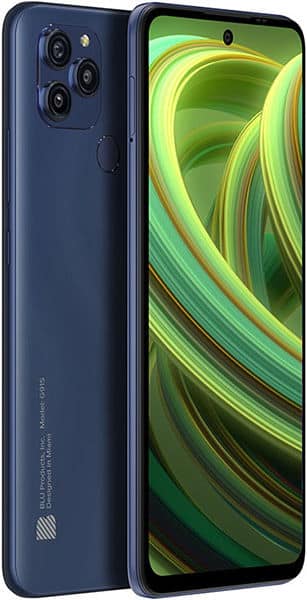 BLU G91s smartphone shown from front and rear, dark blue finish with triple rear camera setup and green abstract display wallpaper