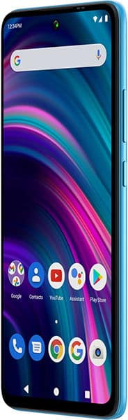 BLU G91s front view with colorful abstract wallpaper, search bar, and app icons on home screen