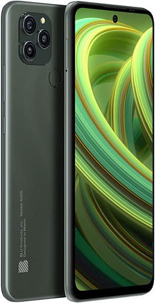 BLU G91s smartphone shown from front and rear, dark green color, triple rear camera setup, curved edges, and green abstract wallpaper on display
