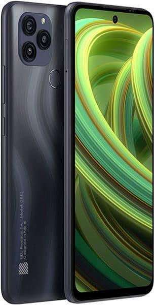 BLU G91s smartphone shown from front and rear angles, featuring a dark gray body with triple rear cameras and a green abstract wallpaper on the display