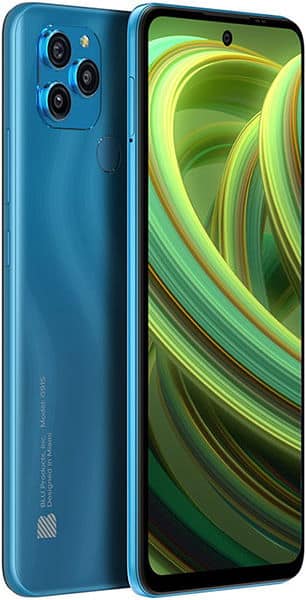 BLU G91s smartphone in blue, shown from front and rear angles with triple camera setup and green abstract display wallpaper