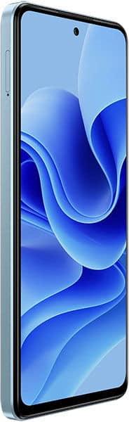 BLU G93 smartphone, front and left side view, blue abstract screen, slim bezels, centered front camera hole.