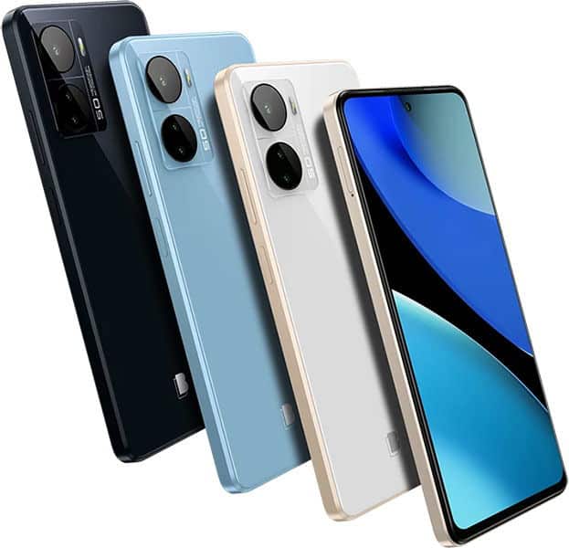 BLU G93 phones in black, blue, white, and gold shown: three rear views with cameras, one front view with blue wallpaper.