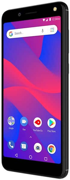 BLU Grand M3 smartphone front view displaying colorful purple and pink gradient wallpaper with Google Search bar and app icons