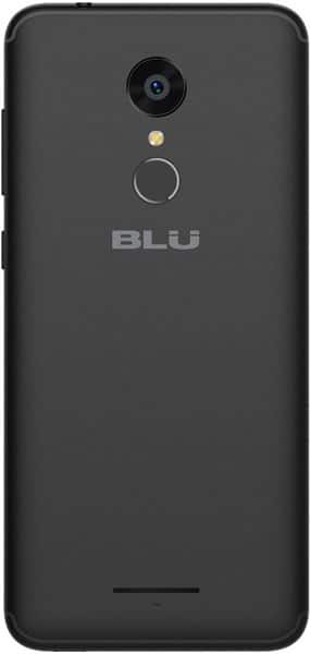 BLU Grand M3 rear view, showing camera lens and fingerprint sensor on black back panel