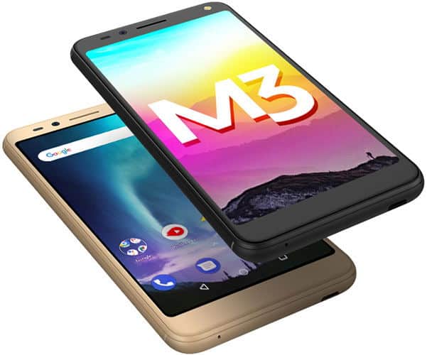BLU Grand M3 smartphone shown from front and side angles, displaying colorful gradient wallpaper with M3 logo