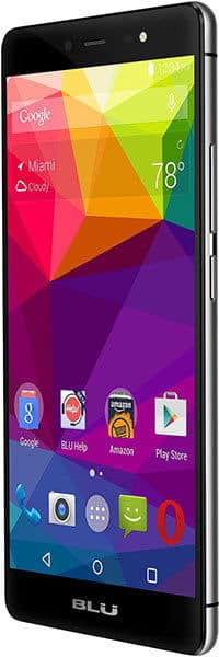 Front view of black BLU Life One X (2016) showing home screen with geometric wallpaper, Miami weather, and several app icons.