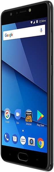 BLU Life One X3 smartphone front view with blue geometric home screen design and app icons visible