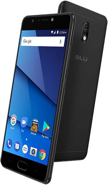 BLU Life One X3 smartphone shown front and rear view, black, with blue Android home screen displayed on front screen