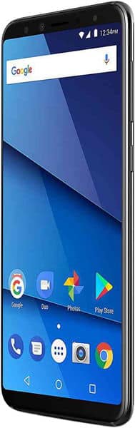 BLU Pure View smartphone front view, displaying home screen with Google search bar and app icons on blue background