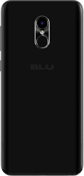BLU Pure View rear view, black phone with dual camera lens and BLU branding visible