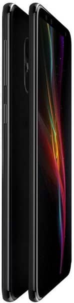 BLU Pure View front and side views, showing black phone with colorful gradient display and curved edges