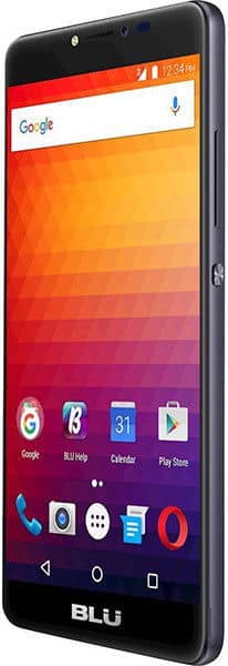 BLU R1 Plus smartphone, front view, displaying colorful gradient home screen with Google search bar and app icons