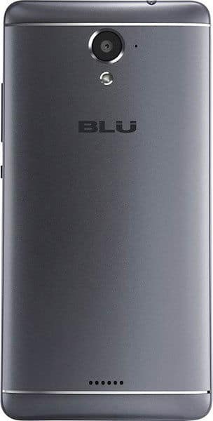 BLU R1 Plus smartphone, rear view, showing dark gray metal body with camera and BLU logo