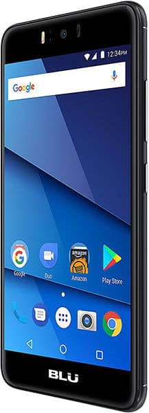 BLU smartphone front angled view, black frame, displaying app icons (Google, Amazon) and 12:34 PM on the home screen.