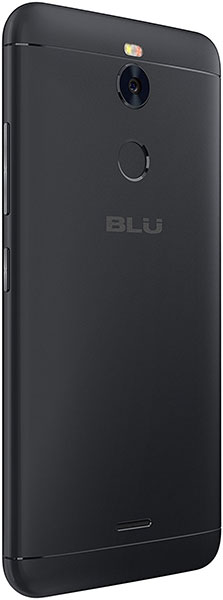 Matte black BLU smartphone shown from rear side angle; rear camera with flash, fingerprint sensor, and left-side buttons visible.
