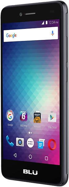 BLU Studio C 8+8 smartphone, front view, displaying home screen with Google search bar and app icons on colorful gradient background