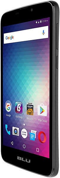BLU Studio J5 smartphone in black, front side view with display on, showing app icons over a purple and blue geometric wallpaper.