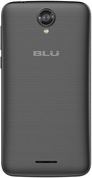 Rear view of black BLU Studio J5 showing rear camera with flash, centered BLU logo, and bottom speaker grille.
