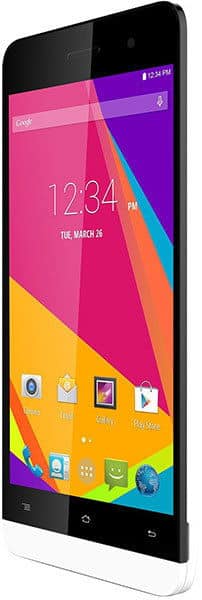 BLU Studio Mini LTE front view displaying colorful geometric home screen with time, date, and app icons
