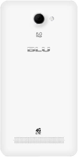 BLU Studio Mini LTE rear view, white phone with 5.0 megapixel camera and 4G LTE label