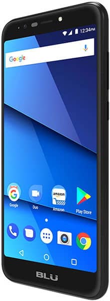 Black BLU Studio View XL smartphone at front angle showing home screen with blue wallpaper, app icons, and 12:34 PM time.