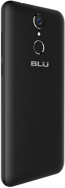 Rear view of black BLU Studio View XL showing rear camera, flash, fingerprint sensor, and silver BLU logo at center.