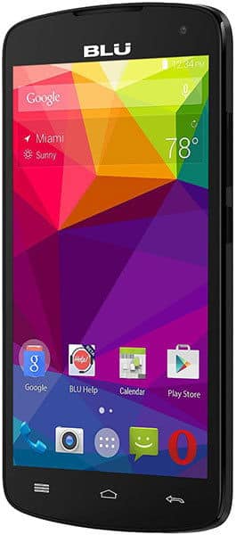 BLU Studio X8 HD front view displaying colorful geometric wallpaper with home screen apps and Google widget