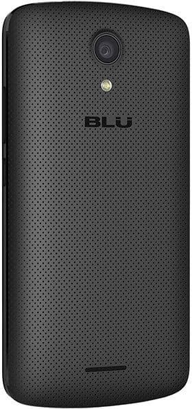 BLU Studio X8 HD rear view, black phone with textured back and camera lens visible