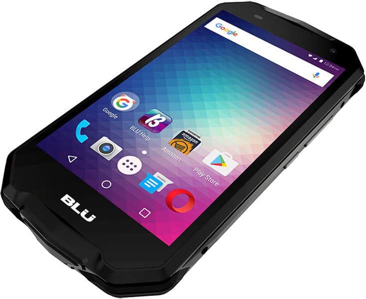 BLU Tank Xtreme 5.0 smartphone front view with purple-to-pink gradient display showing home screen and app icons