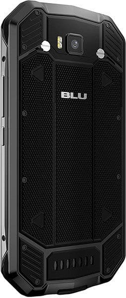 BLU Tank Xtreme 5.0 rugged smartphone, front view, showing black mesh back panel with camera and BLU branding