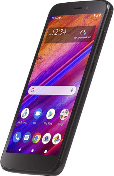 BLU View 1 smartphone front view, displaying colorful wallpaper with home screen and app icons
