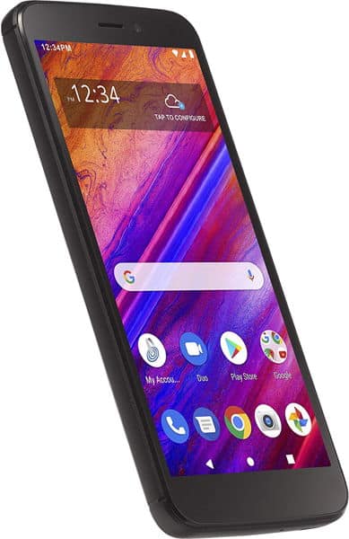BLU View 1 smartphone, front view, displaying colorful lock screen with time 12:34 and app icons below