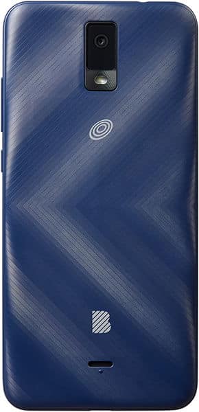 BLU View 3 rear view, showing blue textured back with diagonal pattern, single camera, and brand logos
