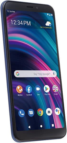 BLU View 3 smartphone front view displaying home screen with colorful gradient wallpaper and app icons