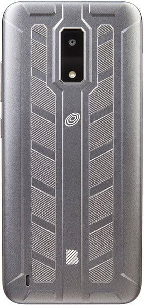 BLU View 4 rear view, showing gray back panel with geometric line pattern and dual camera setup