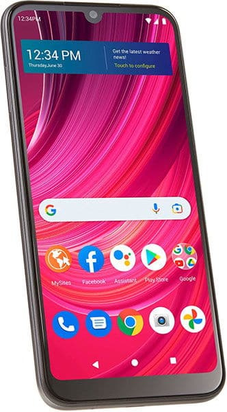 BLU View 4 phone displaying home screen with vibrant pink wallpaper, Google search bar, and app icons including Facebook, Chrome, and Play Store