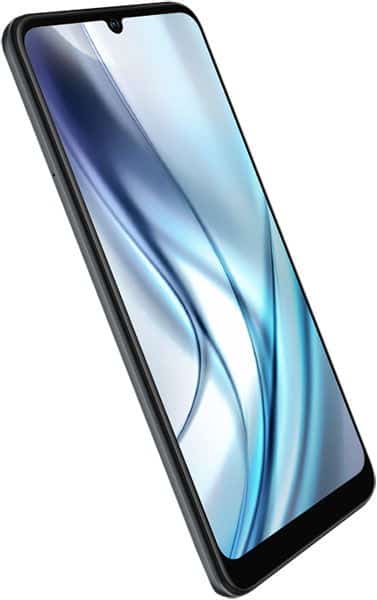 BLU View 5 Pro smartphone front view with black frame and blue-tinted display showing abstract wavy design wallpaper