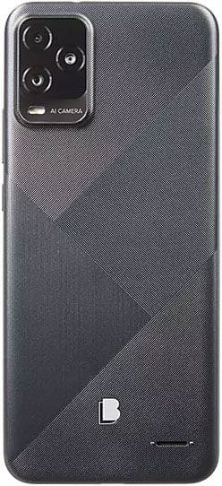 BLU View 5 Pro rear view, showing dual camera setup and geometric pattern design on dark gray back panel