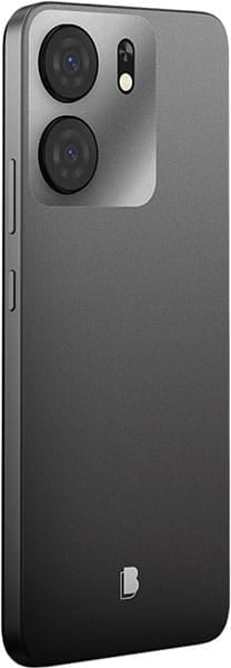 Rear view of matte black BLU View 5 showing two large cameras, flash, small bottom logo, and rounded-edge modern design.